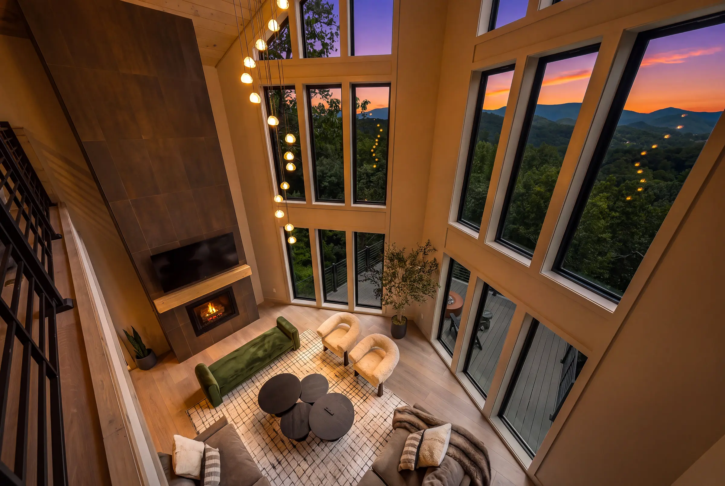 Great room and mountain view settling into twilight