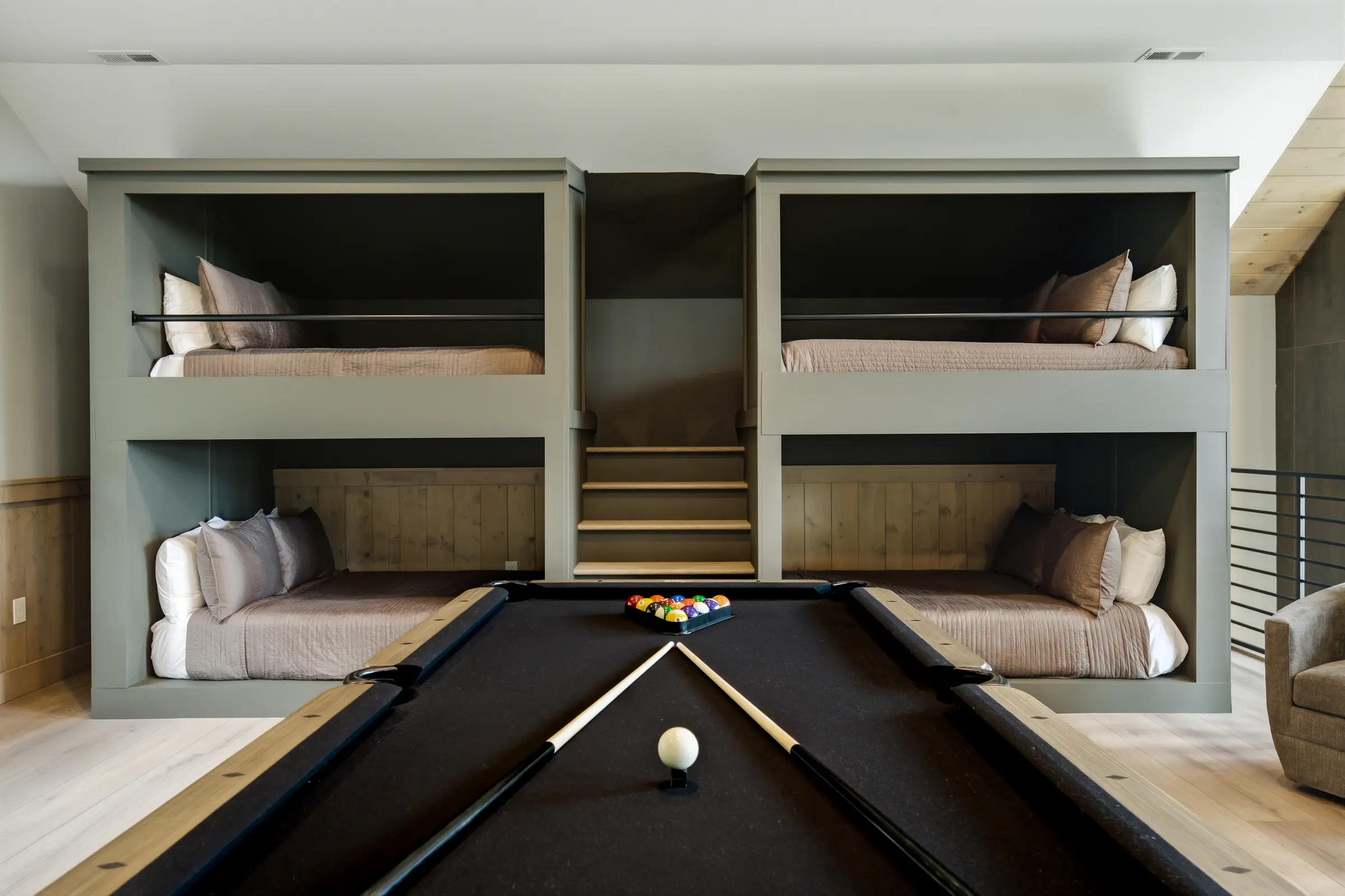 Built-in bunks beside the billiards area at Milk and Honey
