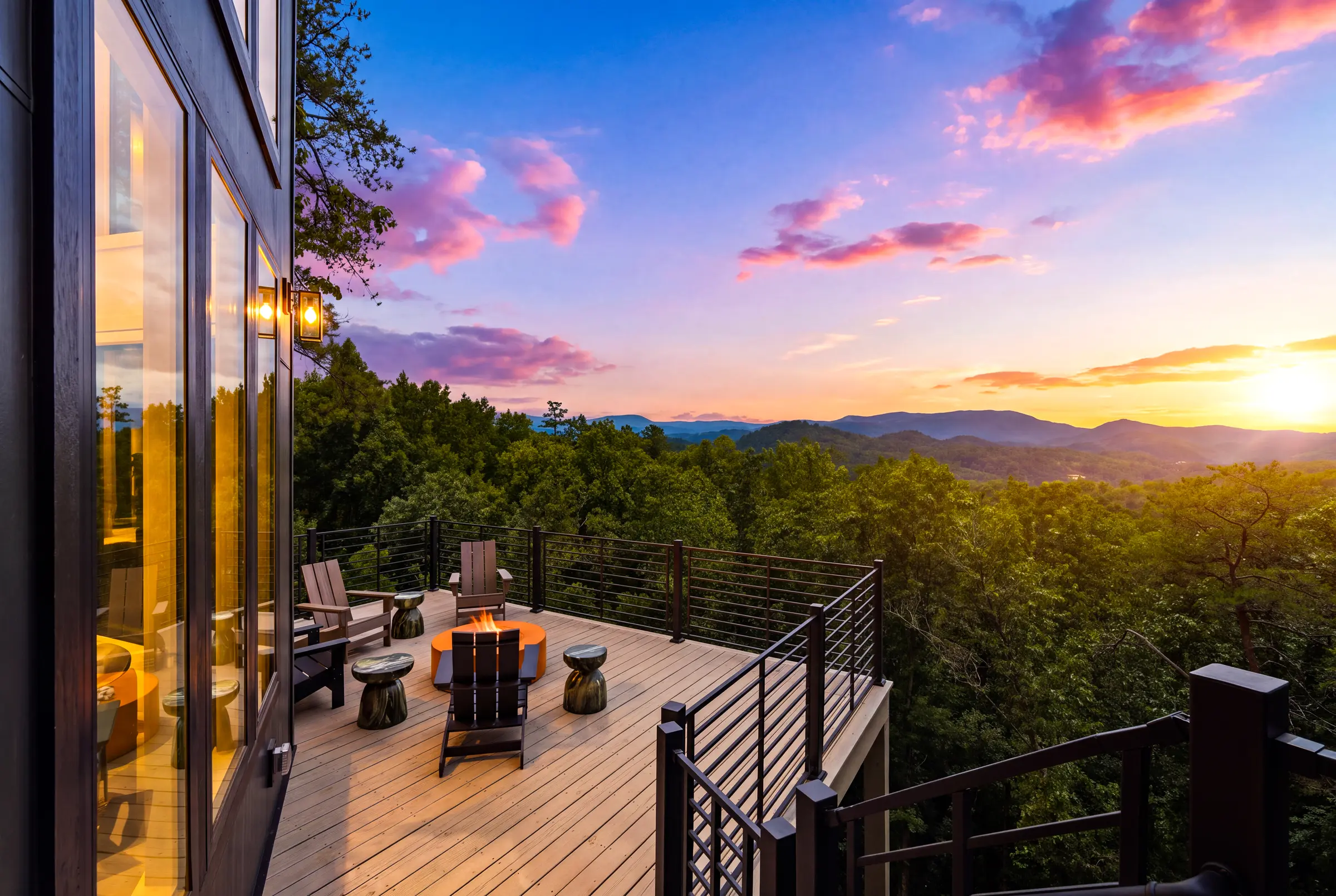 Milk and Honey deck and fire table beneath a colorful evening sky