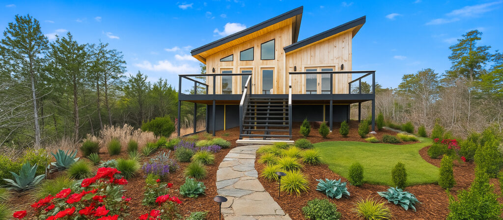 Exterior of new construction cabin with digital landscape enhancement