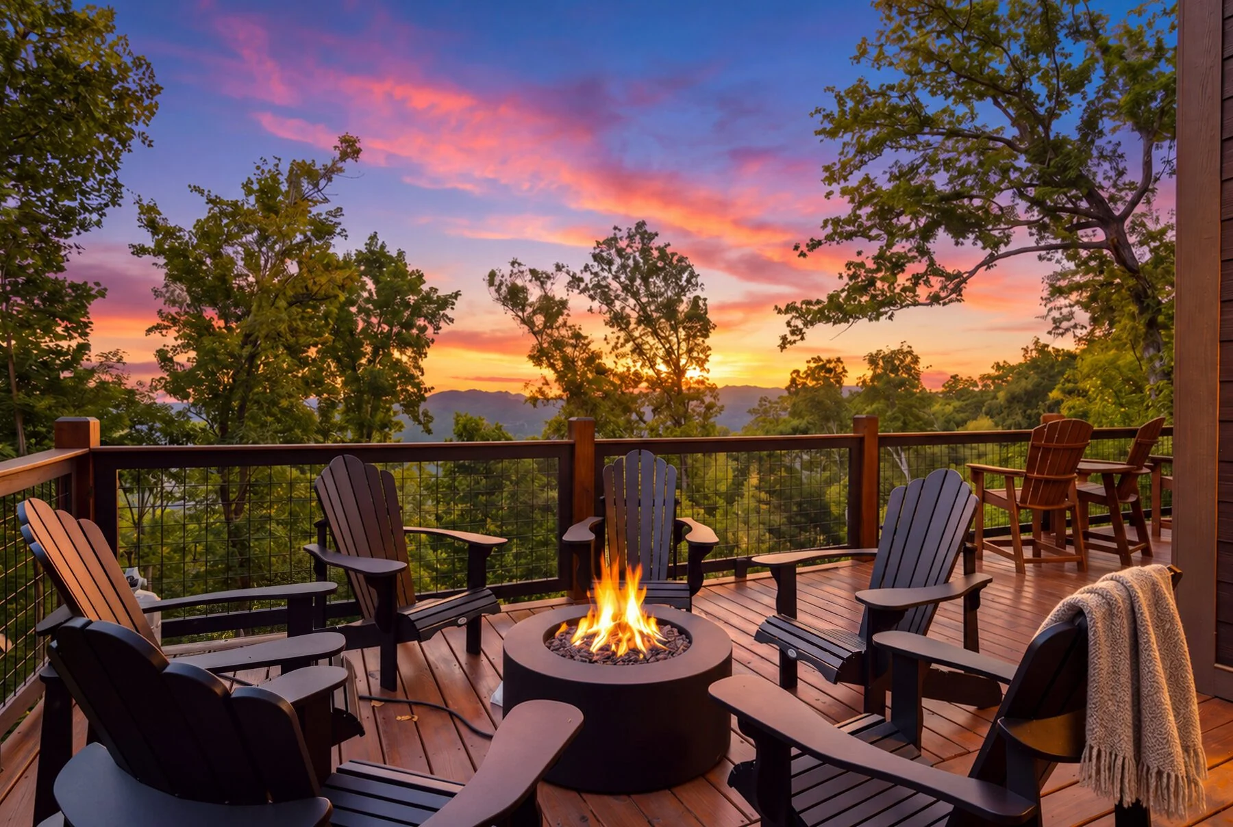 Fire pit deck at sunset at The Forrest House in Gatlinburg