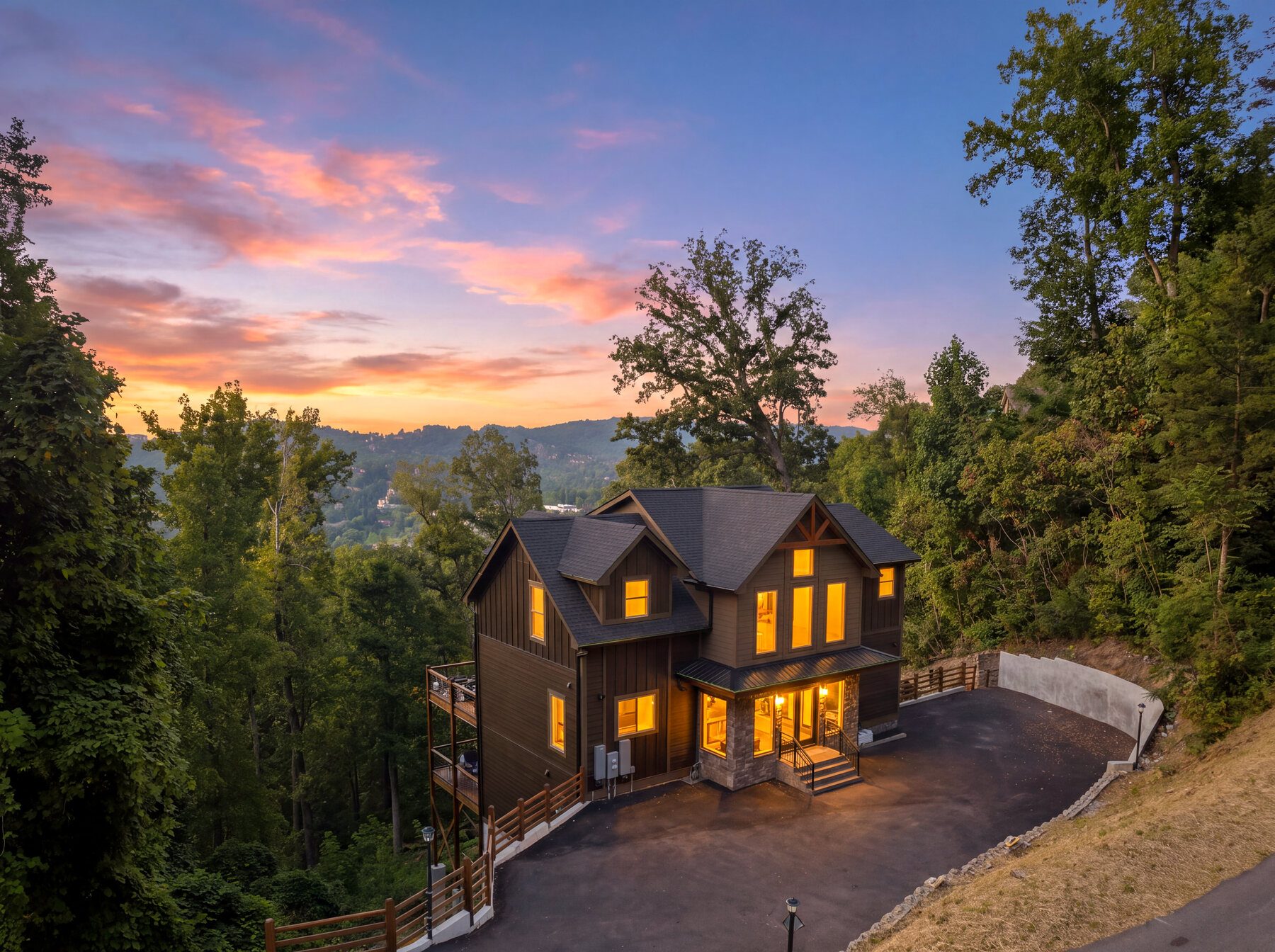 Front arrival view of The Forrest House at sunset