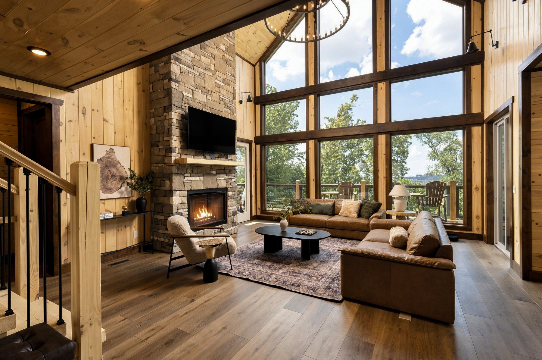 Living area framed by timber and expansive windows