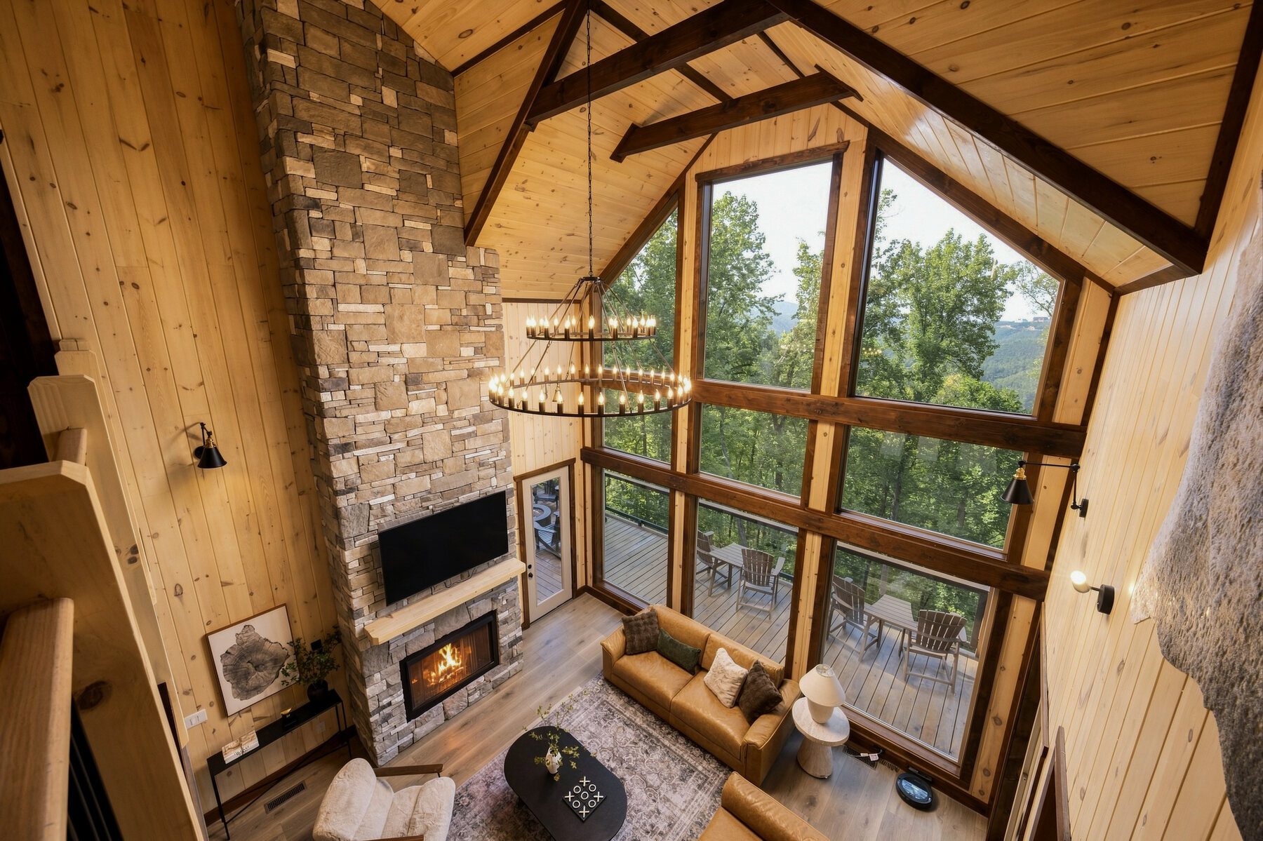 High-angle view revealing the full height and organization of the great room