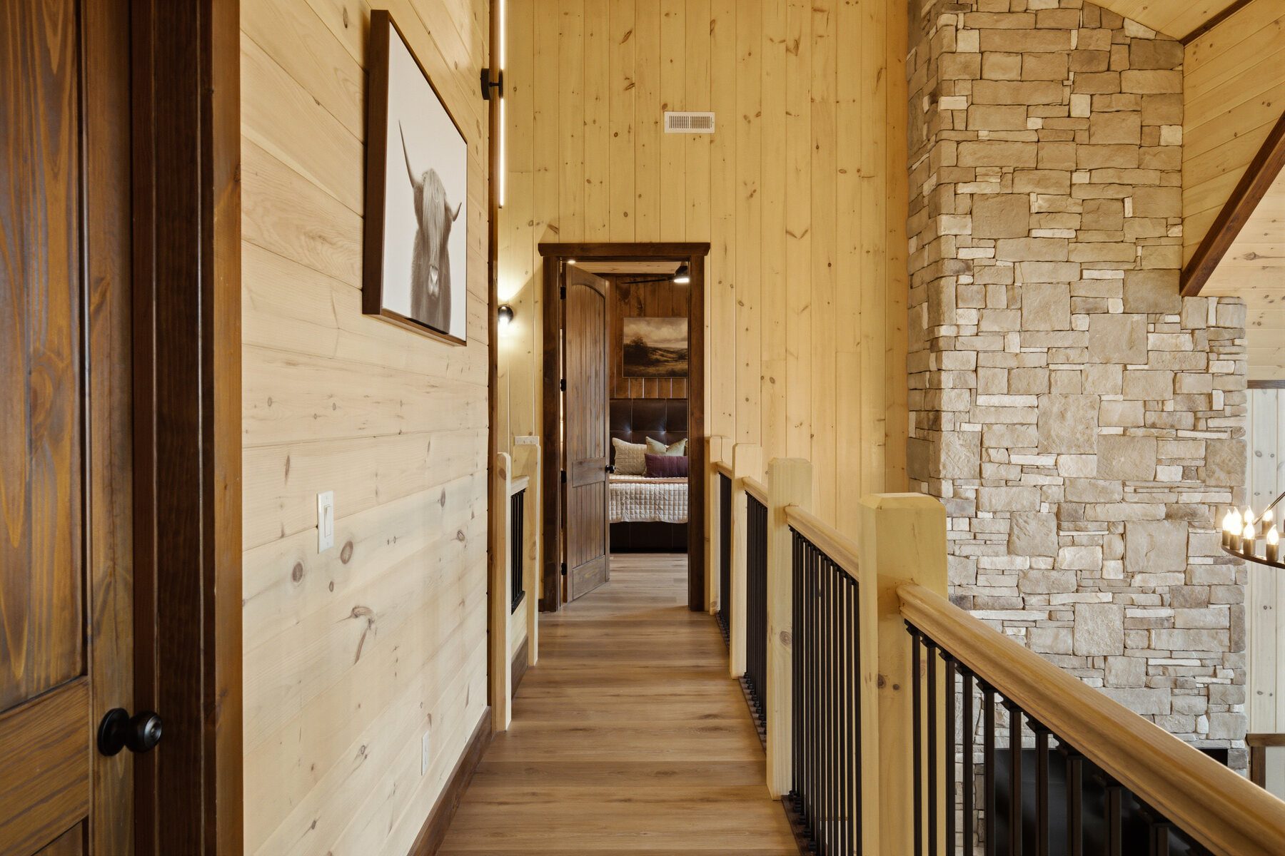 Hallway framed by wood and stone