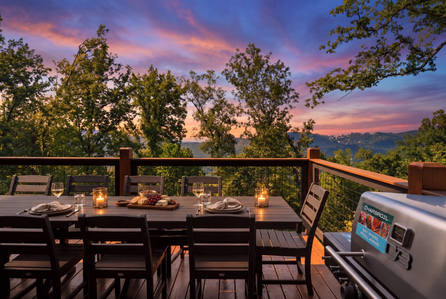Dinner prepared on the deck overlooking the mountains at sunset