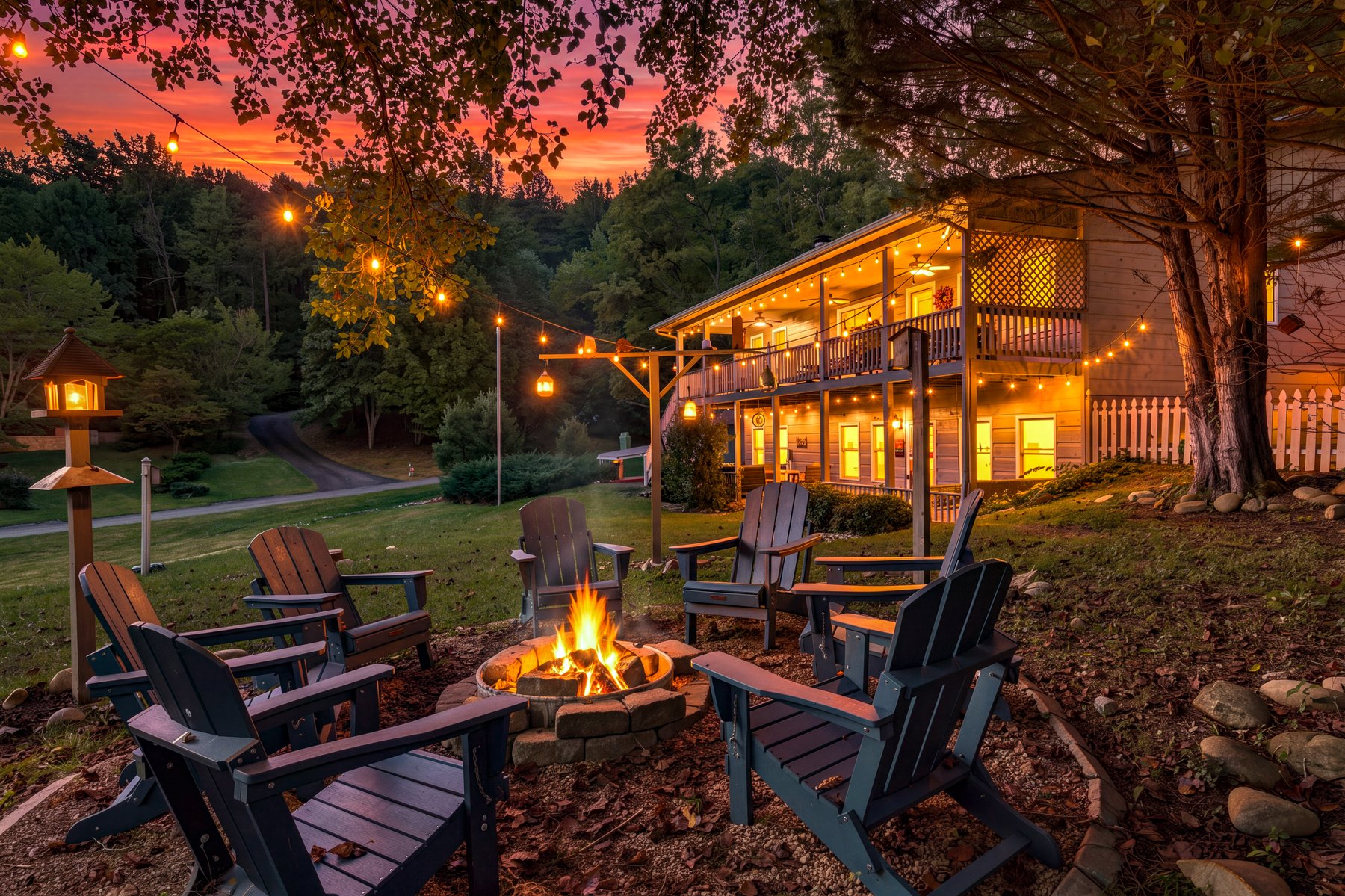 Fire pit and cabin at dusk in Wears Valley