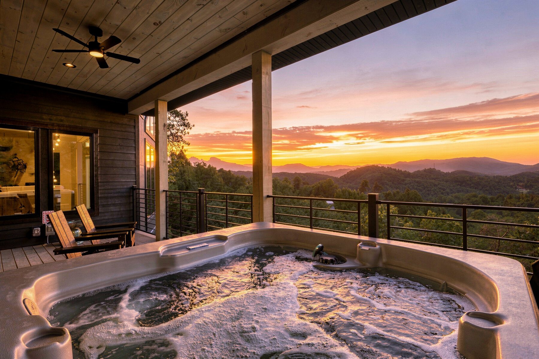 Hot tub overlooking the Smoky Mountains at sunset
