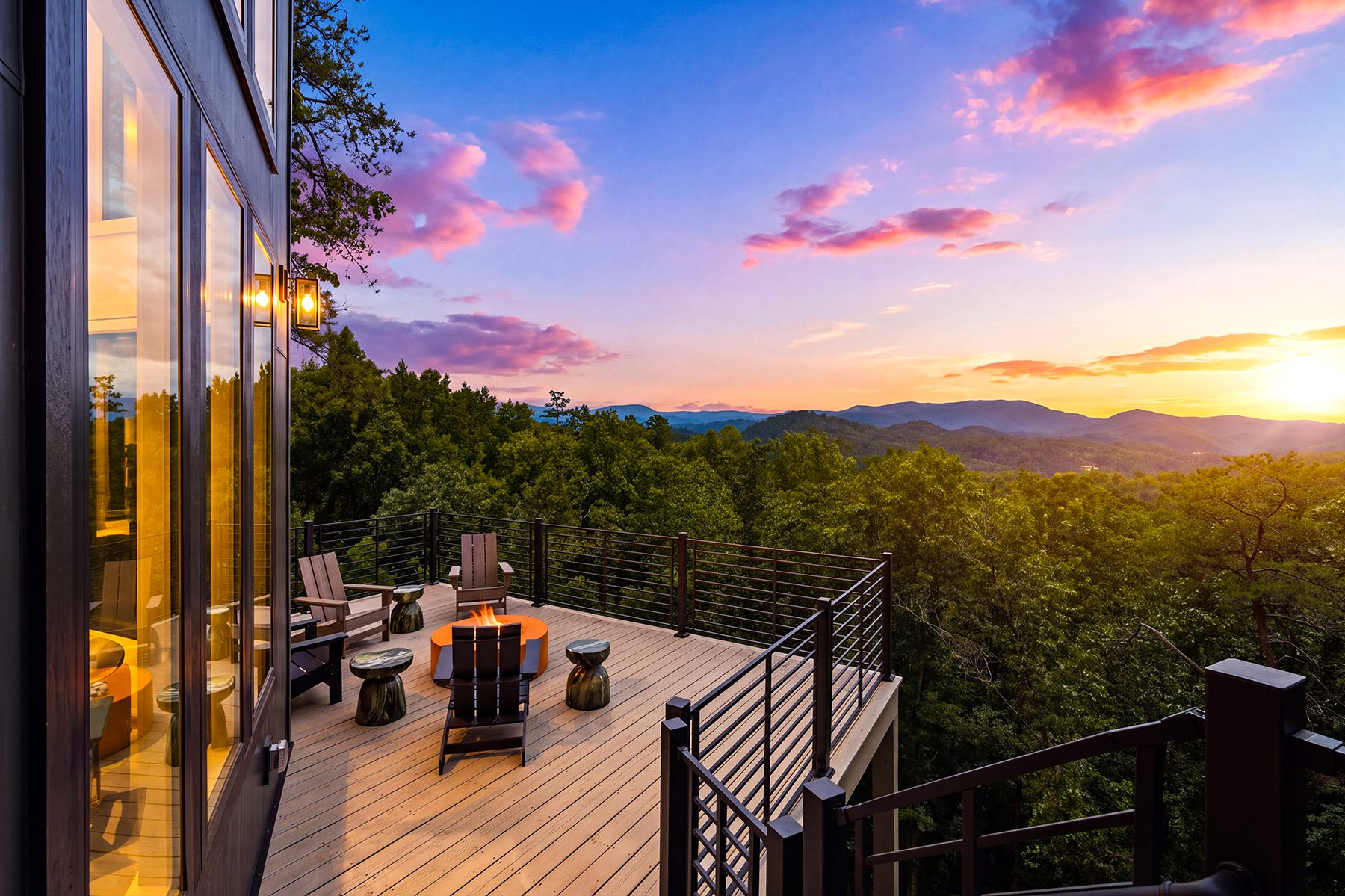 Milk & Honey opening onto a broad Smoky Mountain sunset