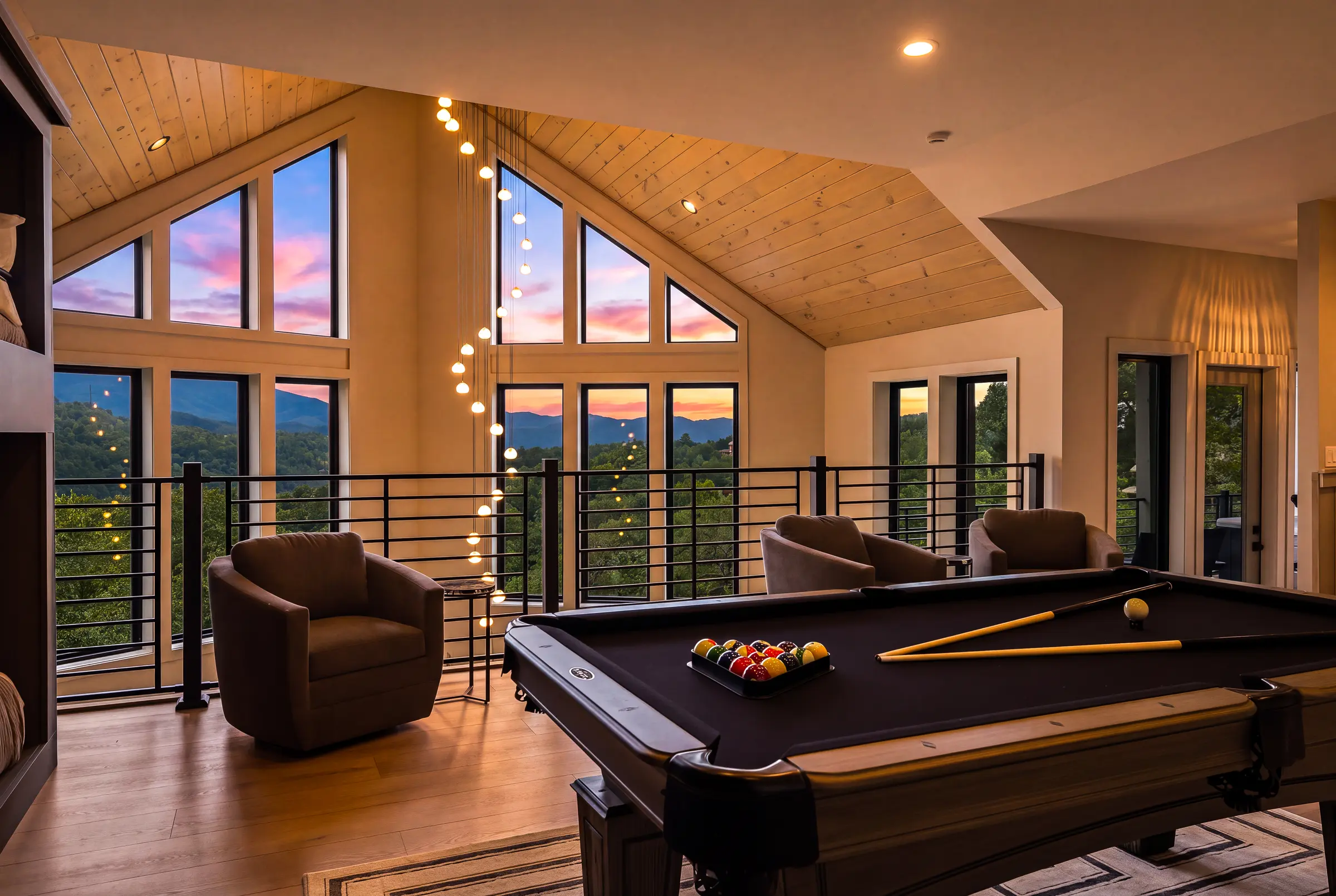 Billiards room overlooking a Smoky Mountain sunset at Milk and Honey