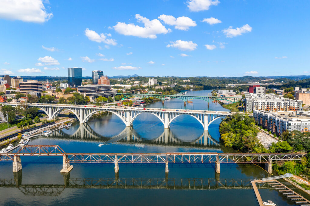 Knoxville Henley and Gay Street bridge on the Tennessee River aerial drone photo