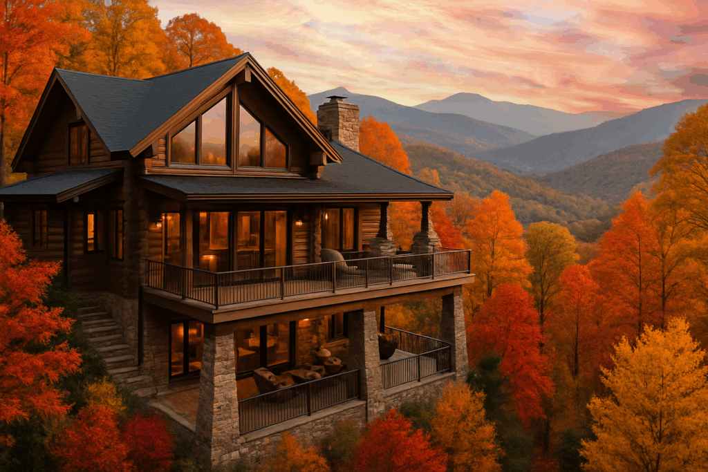 Front exterior of modern home with vivid golden hour sky enhancement in Sevierville TN
