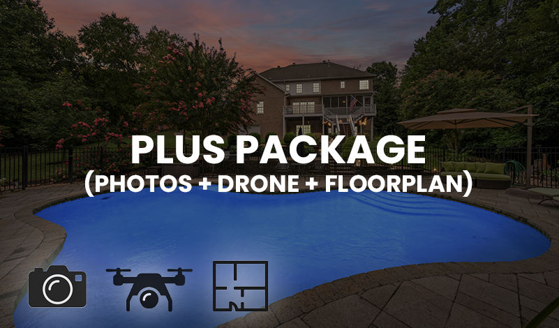 Real estate photo with overlaid floorplan graphic and drone icon, showing full media and layout coverage.