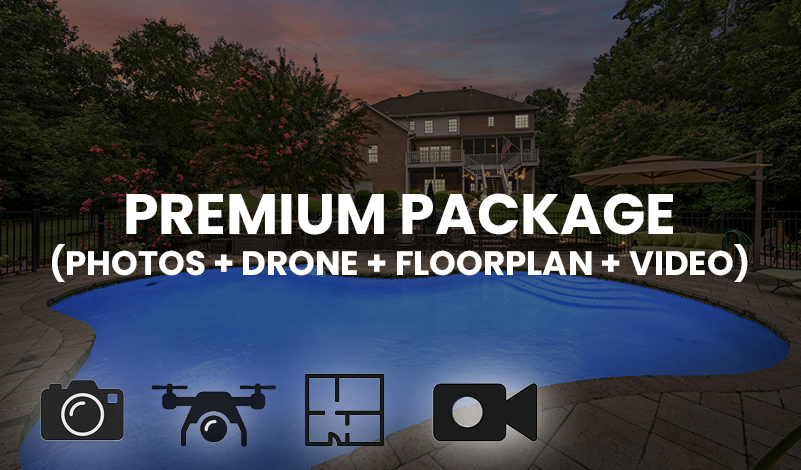 Cinematic camera frame with drone and floorplan icons, representing premium photo and video media services.