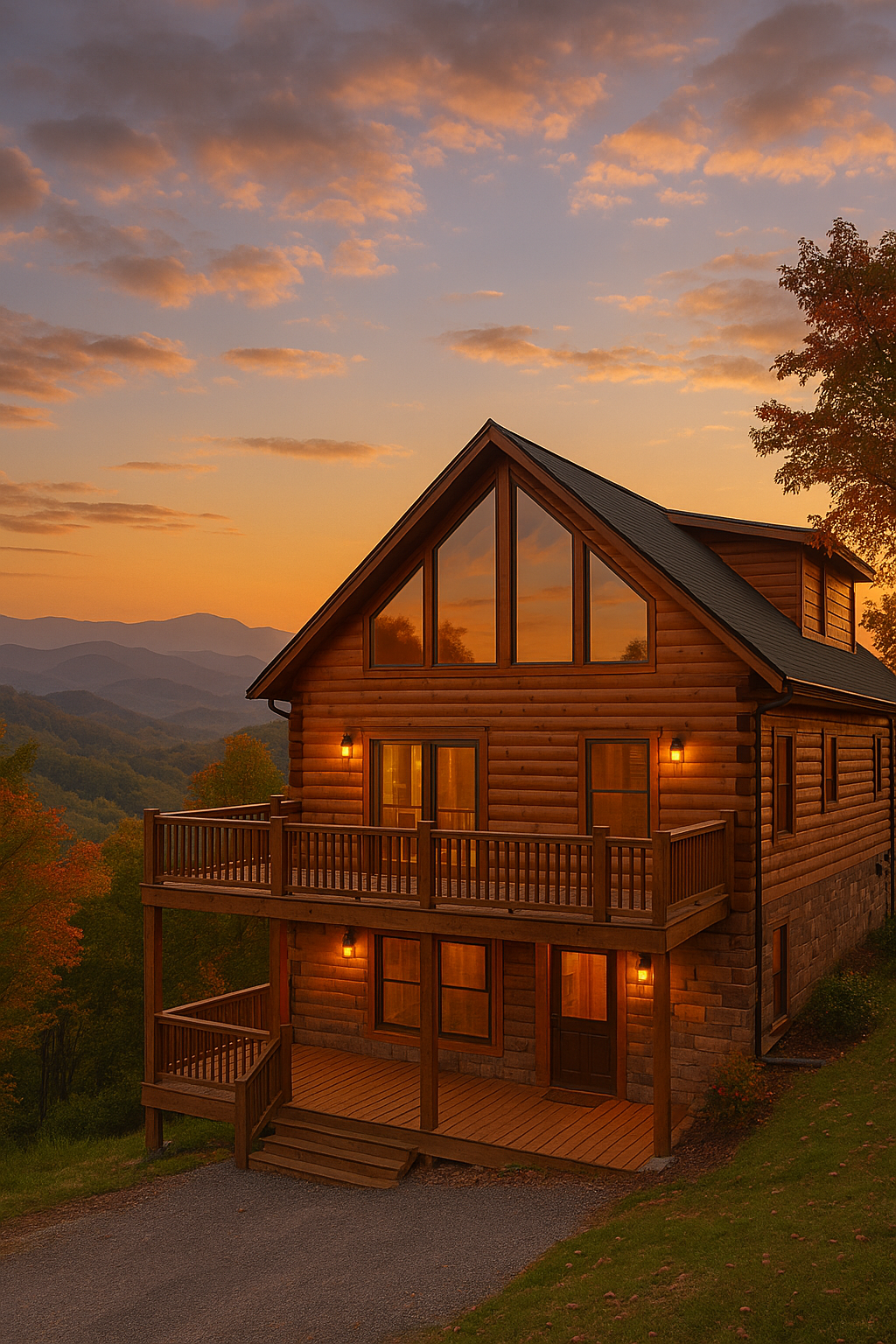 Two-story luxury Smoky Mountain cabin with scenic mountain views and spacious deck