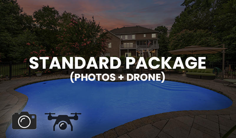 Aerial drone photo of home with drone icon, representing standard package for photos and aerial coverage.