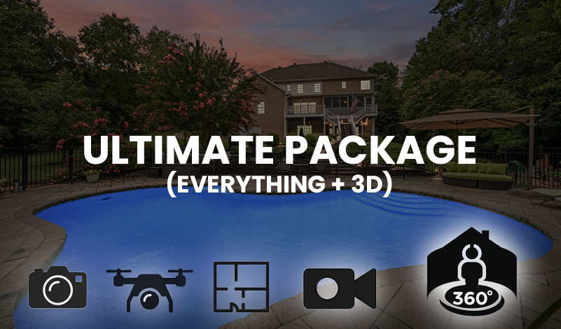 3D home model icon with camera, drone, and video symbols, representing complete media and Matterport coverage.