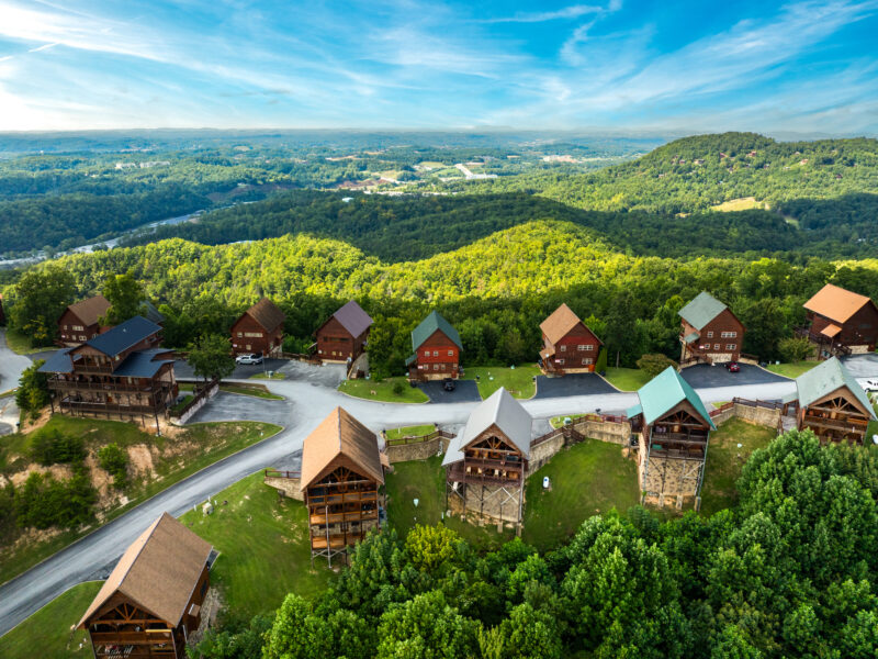 Aerial drone photo of STR cabins photographed in Sevierville TN