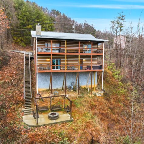 Aerial drone shot of cabin