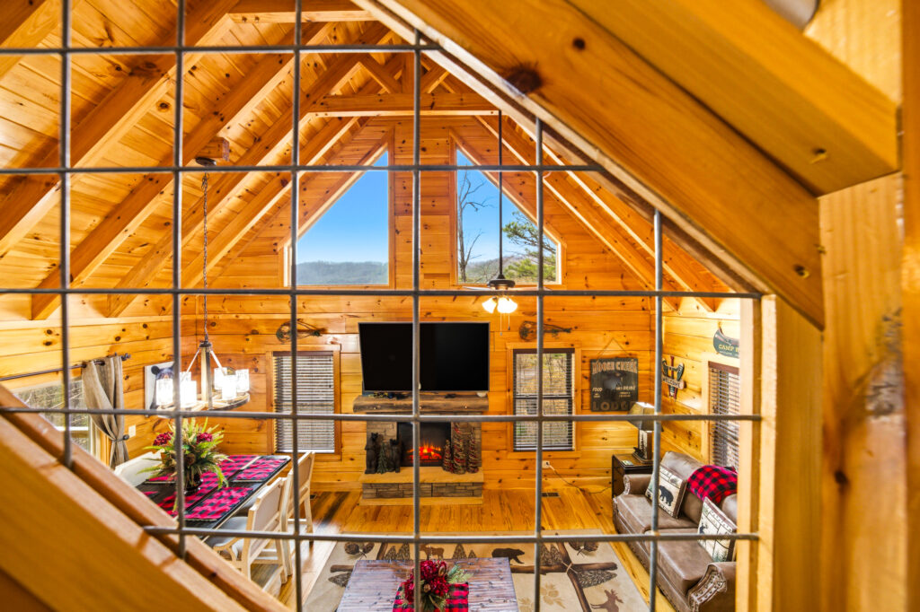 Sevierville TN short-term rental cabin interior viewed through the staircase