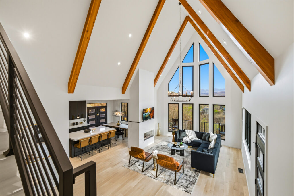 Main living area of an ultra modern luxury vacation rental cabin in Gatlinburg TN