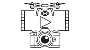 Icon of a camera, drone, and widescreen frame representing real estate photography with drone and cinematic video production