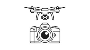 Icon of a DSLR camera with a drone above it representing real estate photography with aerial drone coverage