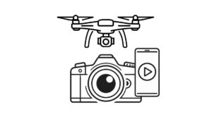 Icon of a camera, drone, and vertical smartphone screen representing real estate photography with drone and social media video