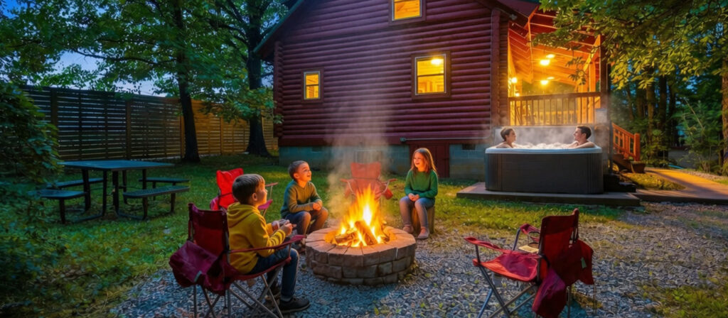 Digitally enhanced lifestyle image of a Smoky Mountain cabin with children around a firepit and a couple in the hot tub