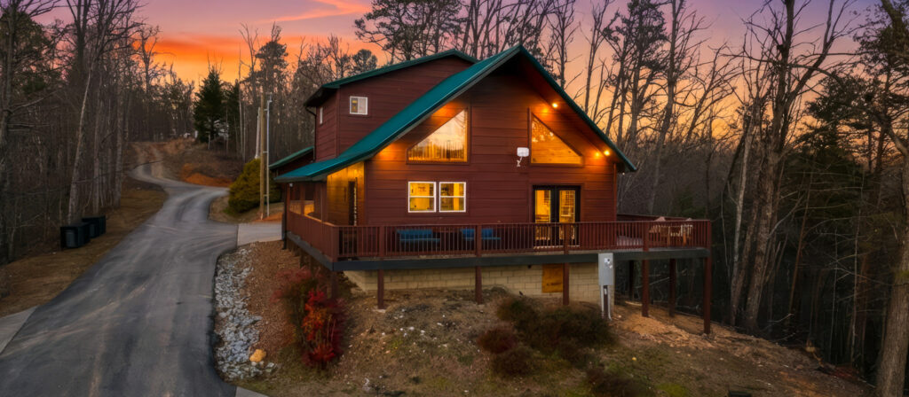 Virtual twilight exterior of a Gatlinburg short-term rental cabin