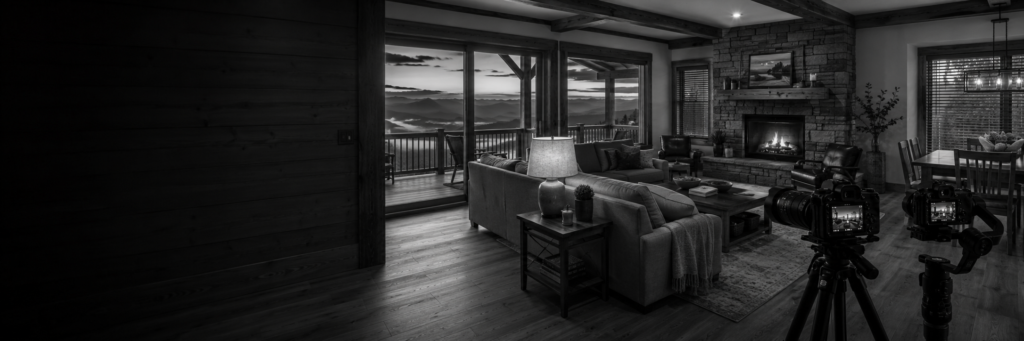 Two cameras on tripods overlooking a luxury vacation rental living room