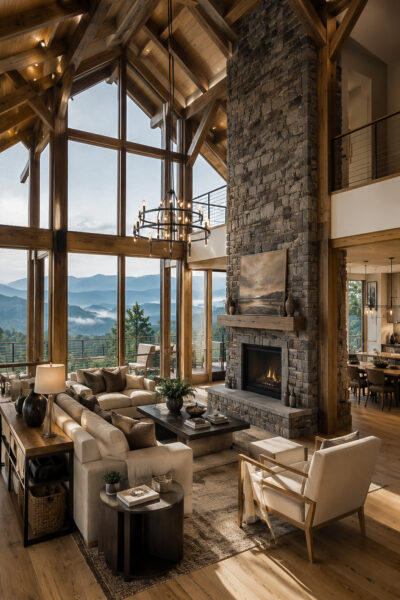 Luxury vacation rental cabin great room overlooking the Smoky Mountains