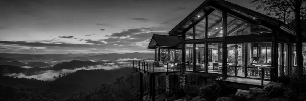 Black-and-white photograph of a Smoky Mountain vacation rental cabin